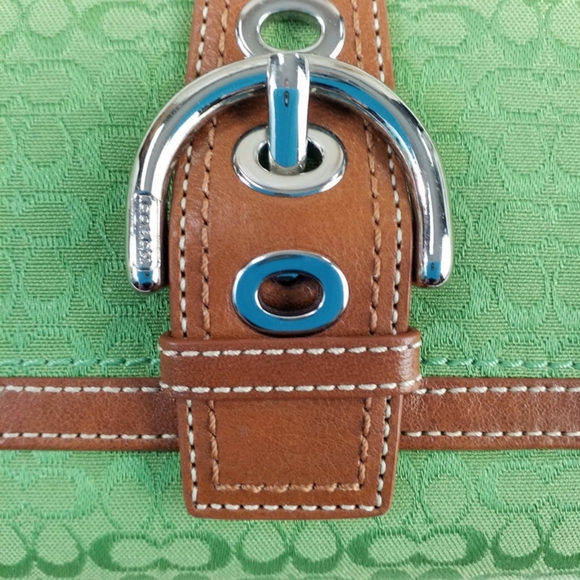 Coach Soho Signature Mini C Green Jacquard Dark Tan Trifold Checkbook Wallet Vtg - Picture 10 of 16